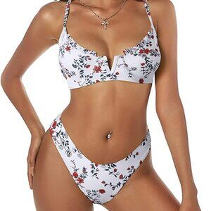 ZAFUL Women's Underwire Bikini Floral High Cut V-Wired 2 Piece Sz S White/Floral